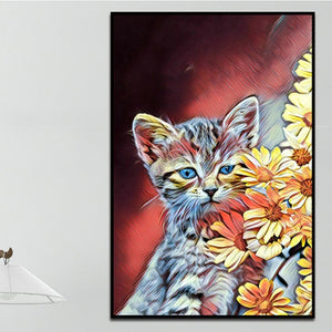 100% Hand Painted Abstract Flower Cat Oil Painting On Canvas Wall Art Frameless Picture Decoration For Live Room Home Decor Gift