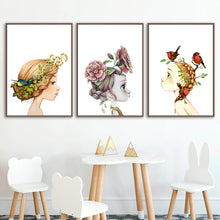 Load image into Gallery viewer, Abstract Cute Girl Flower Bird Nursery Wall Art Canvas Painting Nordic Posters And Prints Wall Pictures Baby Kids Room Decor - SallyHomey Life&#39;s Beautiful