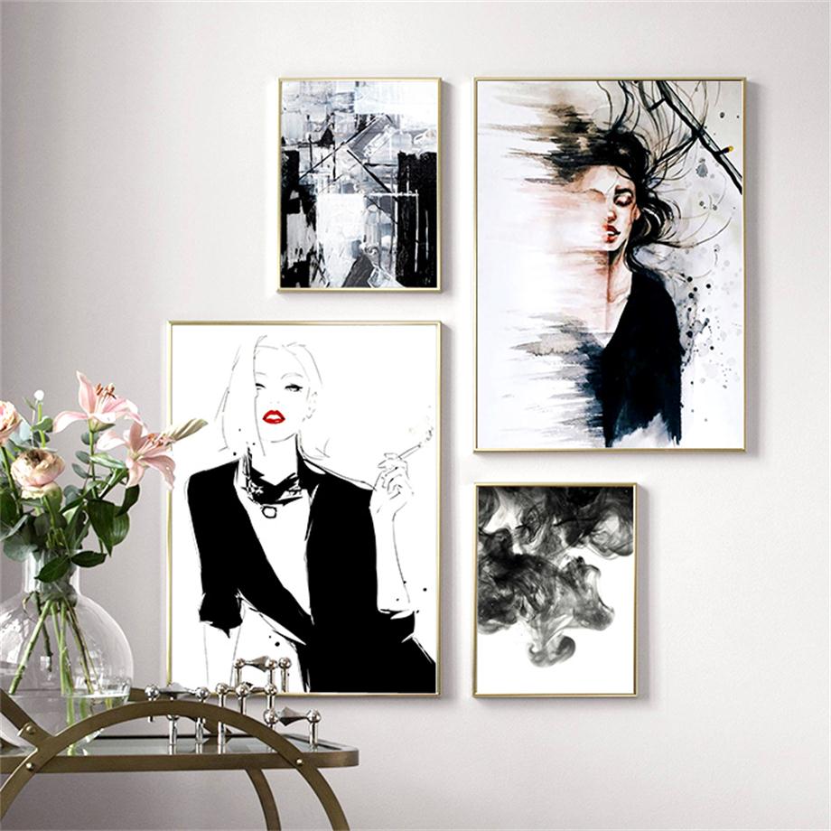 Black White Fashion Modern Girl Abstract Wall Art Canvas Painting Nordic  Posters And Prints Wall Pictures For Living Room Decor
