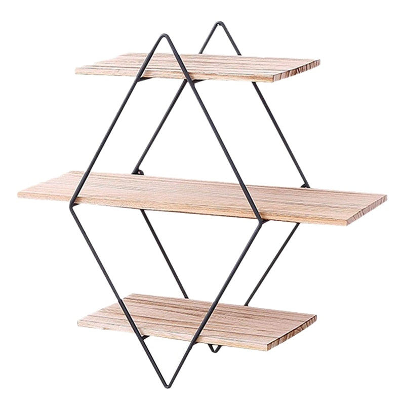 Rustic Wood Wall Floating Shelves Decorative Wall Shelf 3 Tier Geometric Diamond Wall