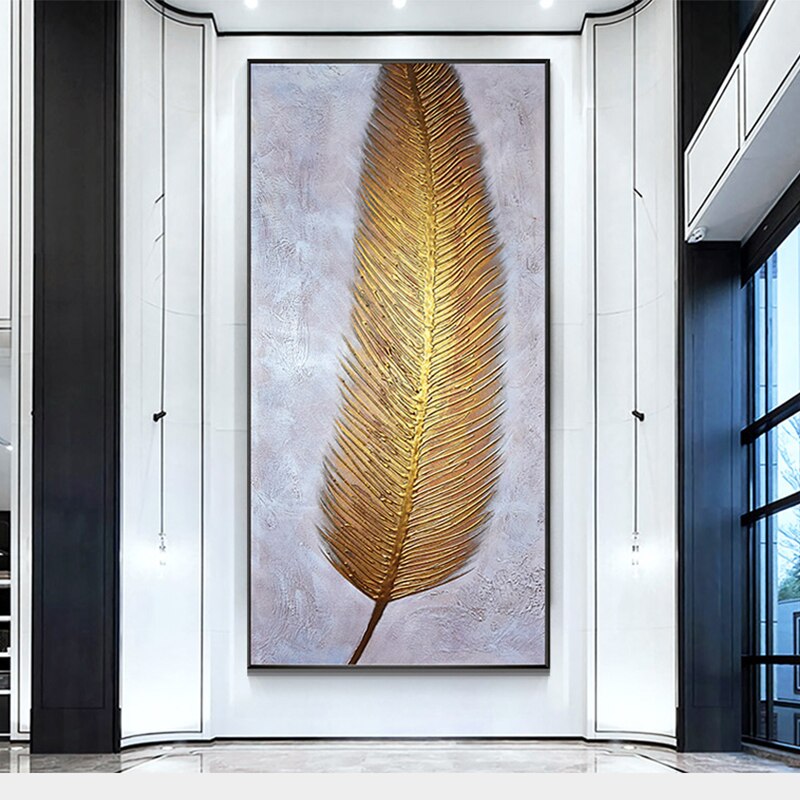 100% Hand Painted Golden Feather Art Oil Painting On Canvas Wall Art Frameless Picture Decoration For Live Room Home Decor Gift