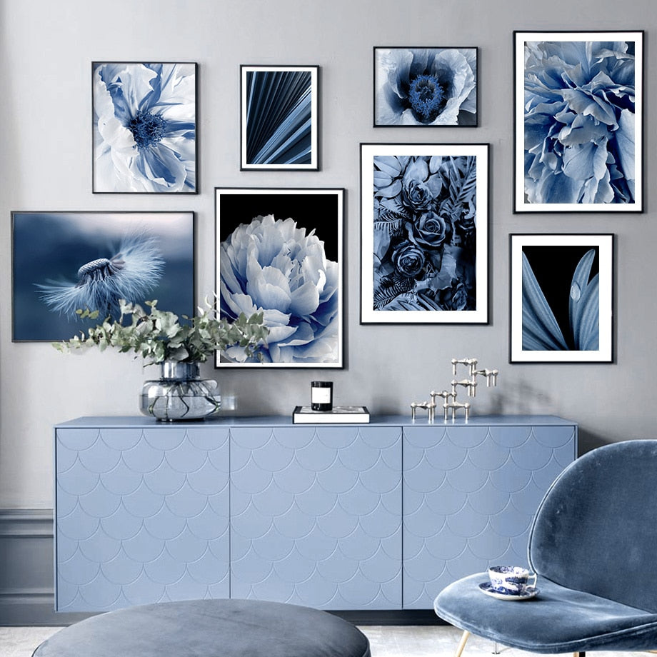 Blue Dandelion Peony Palm LeavesDew Wall Art Canvas Painting Nordic Posters And Prints Plant Wall Pictures For Living Room Decor - SallyHomey Life's Beautiful