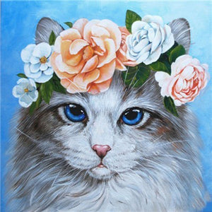 DIY 5D Diamond Painting Cat In Flower Wreath Diamond Embroidery Cross Stitch Animal Mosaic Full Round Rhinestones Home Decor - SallyHomey Life's Beautiful