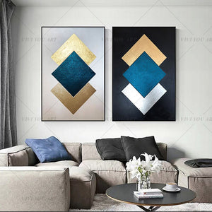   100% Hand Painted Gold Blue Geometry Abstract Painting  Modern Art Picture For Living Room Modern Cuadros Canvas Art High Quality