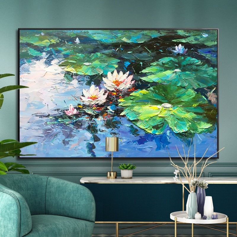 100% Hand Painted Golden Lotus Pond Oil Painting On Canvas Wall Art Frameless Picture Decoration For Live Room Home Decor Gift