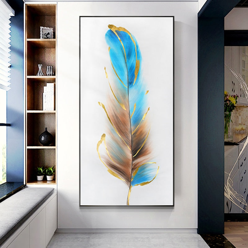 Pure Hand Painted Bright Blue Feathers Oil Painting On Canvas For