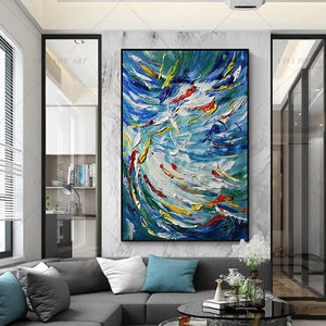   100% Hand Painted Modern Blue Fishes Lucky Canvas Painting Picture 100% Handmade Painting for Living Room Wall Art Decoration Bedroom Home Decor