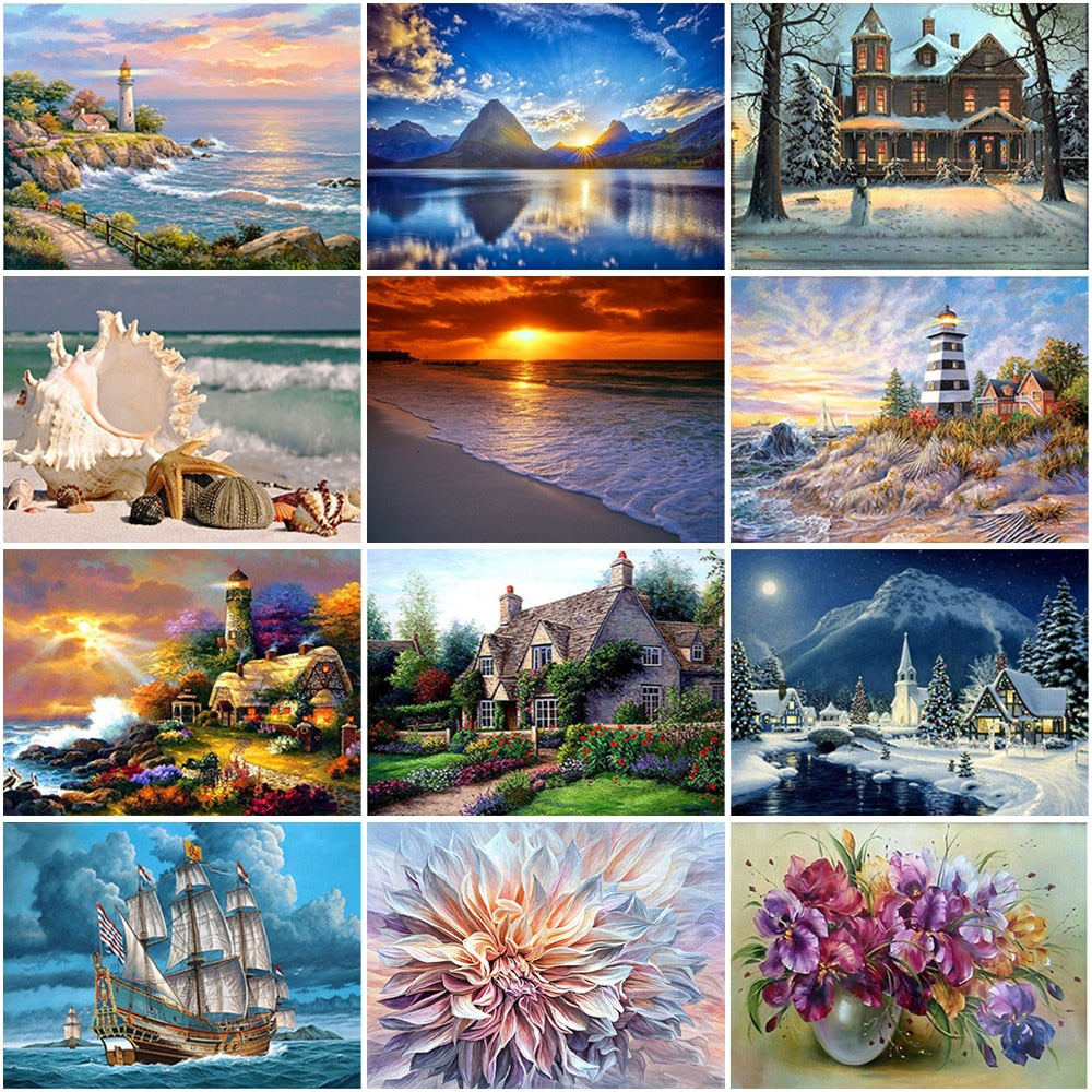 DIY 5D Diamonds Painting Seaview Beach House Diamond Embroidery Tree Flower Cross Stitch Full Round Drill Mosaic Home Decor Gift - SallyHomey Life's Beautiful