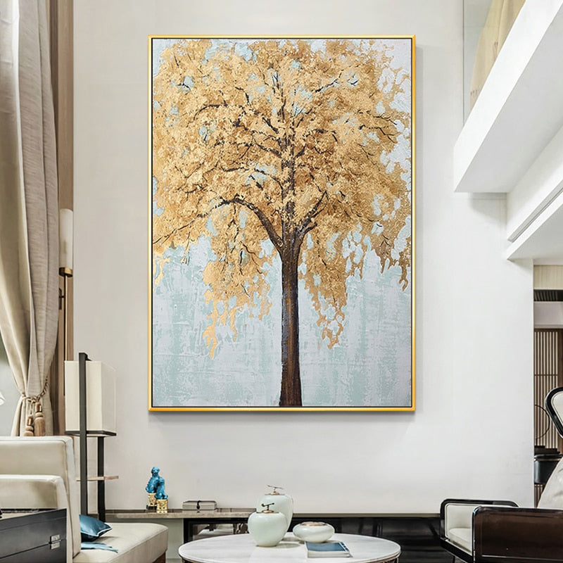 100% Hand Painted Abstract Golden Tree Painting On Canvas Wall Art Frameless Picture Decoration For Live Room Home Decor Gift