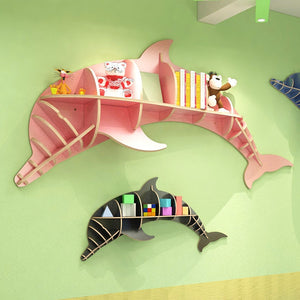 [HHT] Nordic Creative Solid Wood Wall-mounted Rack Dolphin Shape Storage Shelf Background Wall Decoration Shelves Bookshelf