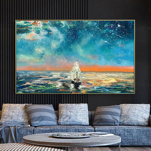 100% Hand Painted White Ship Blue Sea Abstract Painting  Modern Art Picture For Living Room Modern Cuadros Canvas Art High Quality
