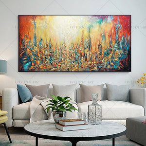   100% Hand Painted Red Dream Yellow City Painting  Modern Art Picture For Living Room Modern Cuadros Canvas Art High Quality
