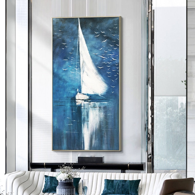 100% Hand Painted White sailing Art Oil Painting On Canvas Wall Art Frameless Picture Decoration For Live Room Home Decor Gift