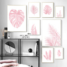Load image into Gallery viewer, Pink Monstera Feather Leaf Tropical Plant Wall Art Canvas Painting Nordic Posters And Prints Wall Pictures For Living Room Decor - SallyHomey Life&#39;s Beautiful