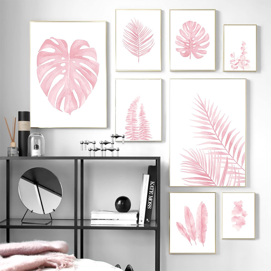 Pink Monstera Feather Leaf Tropical Plant Wall Art Canvas Painting Nordic Posters And Prints Wall Pictures For Living Room Decor - SallyHomey Life's Beautiful