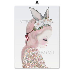 Cartoon Cute Girl Flower Rabbit Animal Wall Art Canvas Painting Nordic Posters And Prints Wall Pictures Baby Kids Room Decor - SallyHomey Life's Beautiful