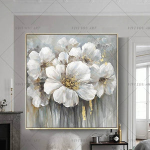 100% Hand Painted Abstract Golden White Flowers- Oil Painting On Canvas Wall Art Wall Pictures Painting For Living Room Home Decor