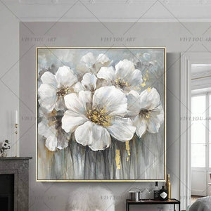 100% Hand Painted Abstract Golden White Flowers- Oil Painting On Canvas Wall Art Wall Pictures Painting For Living Room Home Decor
