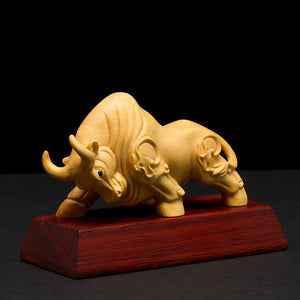 Chinese Mascot Charging Bull Wealth Animal Sculpture Crafts Lucky Bulls statue Gothic Boxwood Miniature Creative Feng Shui