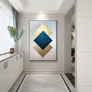   100% Hand Painted Gold Blue Geometry Abstract Painting  Modern Art Picture For Living Room Modern Cuadros Canvas Art High Quality