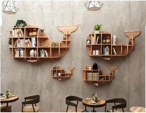 Solid Wood Wall-mounted Rack Partition Storage Shelf Whale Shape Background Wall Cabinet Shelves Store Home Decorations