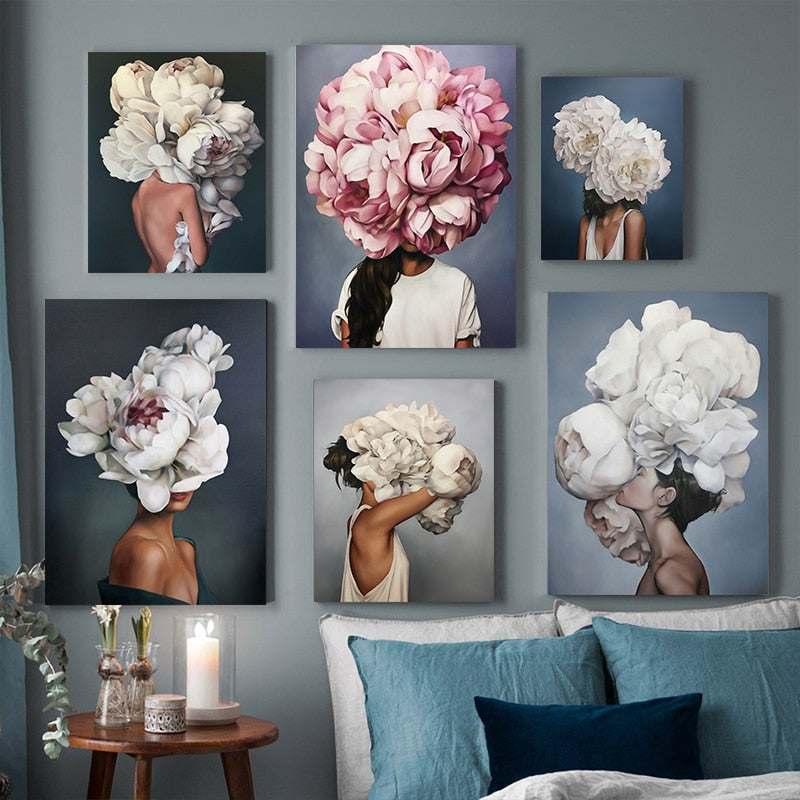 Nordic Modern Floral Feather Woman Abstract Fashion Style Canvas Painting Art Print Poster Picture Wall Living Room Home Decor - SallyHomey Life's Beautiful