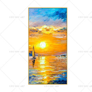 100% Hand Painted Sunset Ship Sea Painting  Modern Art Picture For Living Room Modern Cuadros Canvas Art High Quality