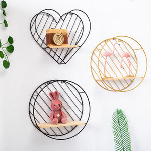 Nordic Style Iron rhombic round heart shaped Grid Wall Shelf Hanging decorative rack storage holder Figure Living Room decor 1PC