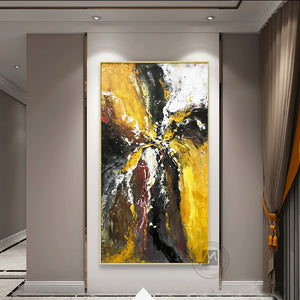 Vertical modern abstract original artwork oil painting on canvas handmade decorative pictures yellow black grey for living room - SallyHomey Life's Beautiful