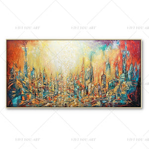   100% Hand Painted Red Dream Yellow City Painting  Modern Art Picture For Living Room Modern Cuadros Canvas Art High Quality