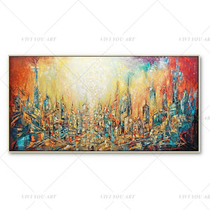 100% Hand Painted Red Dream Yellow City Painting  Modern Art Picture For Living Room Modern Cuadros Canvas Art High Quality
