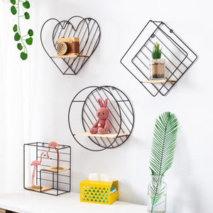 Nordic Style Iron rhombic round heart shaped Grid Wall Shelf Hanging decorative rack storage holder Figure Living Room decor 1PC