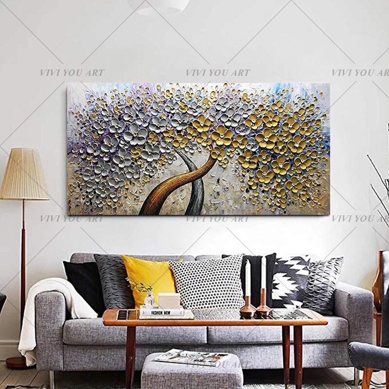 100% Hand Painted  Knife Gold Tree Oil Painting On Canvas Large Palette 3D Paintings For Living Room Modern Abstract Wall Art Pictures