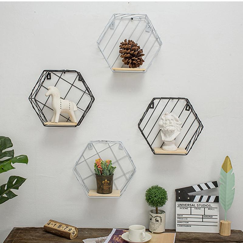 Wall Storage Shelf Combination Wall Hanging Living Room Bedroom Iron Hexagonal Grid Geometric Figure-shaped Decoration #SO