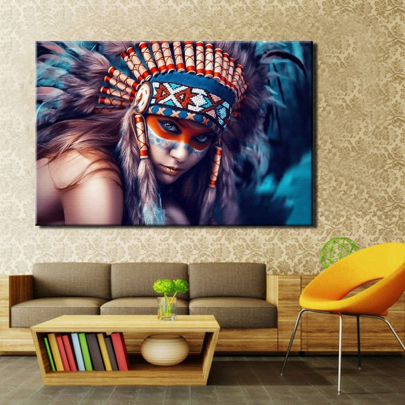 Modern Oil Painting Native American Indian Feathered Portrait Pop Art Canvas Painting Poster Wall Picture for Living Room Decor - SallyHomey Life's Beautiful