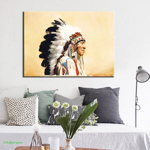 Abstract Native American indian Feathered Portrait Pop Art Canvas Painting Poster Wall Art Picture for Living Room Home Decor - SallyHomey Life's Beautiful