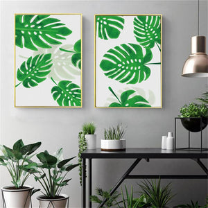 Modern Print Plant Leaf Art Posters And Prints Nordic Green Wall Art Canvas Painting Art Pictures for Living Room Wall No Frame - SallyHomey Life's Beautiful