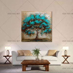 Hand Painted Modern Blue Tree Decoration Oil Painting On Canvas Handmade Landscape Wall Art Home Decor Painting Hang Pictures