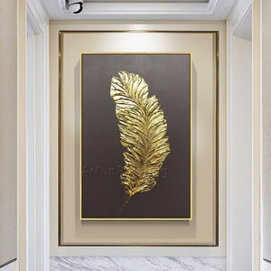 Gold Feather Art Painting on Canvas Acrylic Wall Art Modern Picture Hand Painted - SallyHomey Life's Beautiful