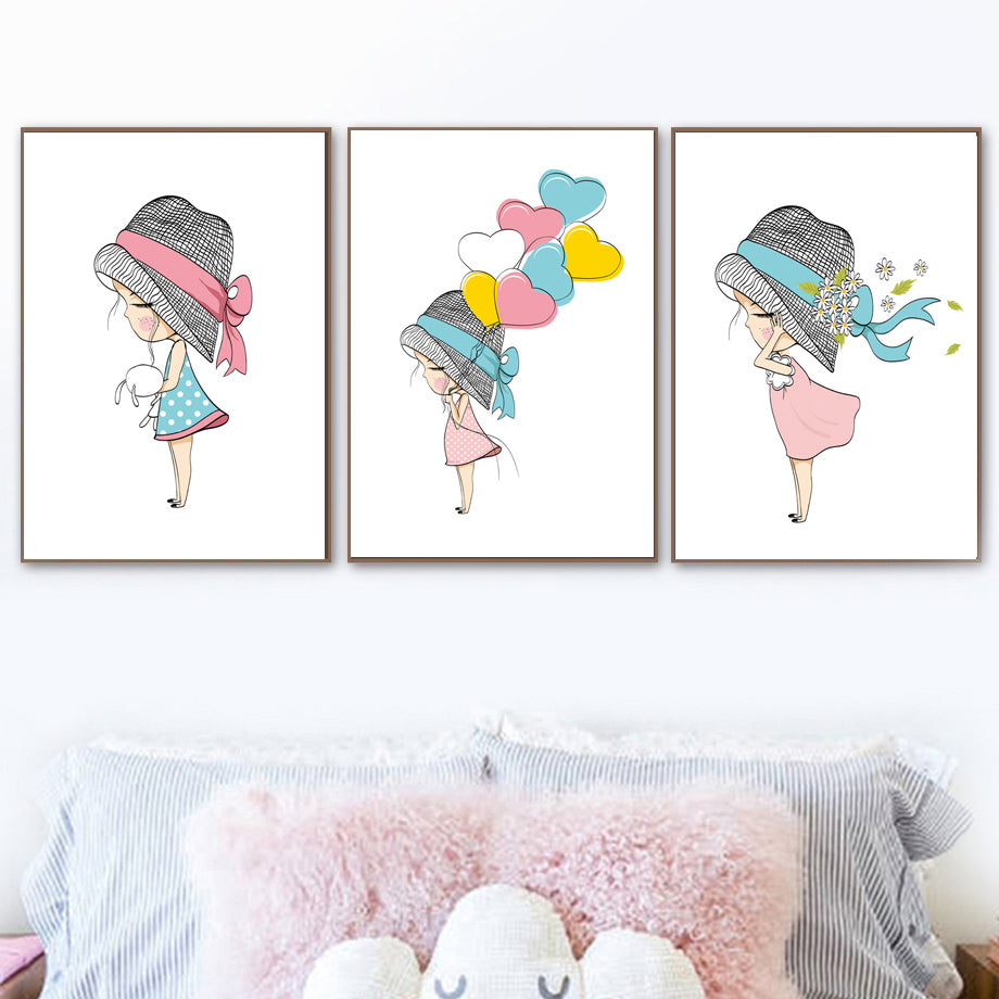 Cartoon Girl Straw Hat Balloon Rabbit Wall Art Canvas Painting Nordic Posters And Prints Wall Pictures Kids Room Nursery Decor - SallyHomey Life's Beautiful