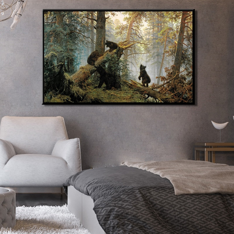 Modern Animals Posters and Prints Wall Art Canvas Painting Deer and Bears in the Woods Pictures for Living Room Wall Home Decor - SallyHomey Life's Beautiful