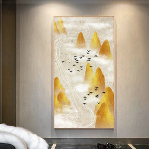 Abstract Landscape Oil Painting Posters and Prints Wall Art Canvas Painting Golden Mountains and Birds Pictures for Living Room - SallyHomey Life's Beautiful
