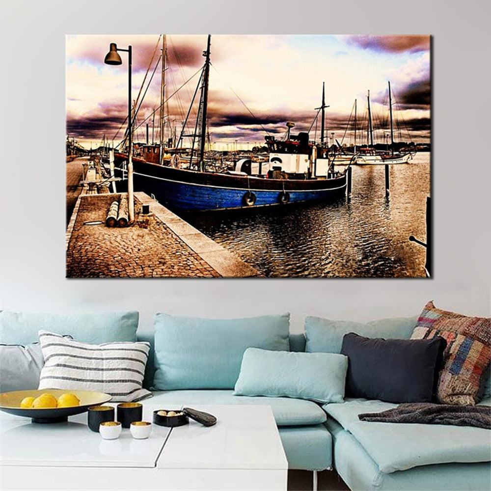 Landscape Posters and Prints Wall Art Canvas Painting Classic Abstract Boat in The Bay Pictures for Living Room Wall Home Decor - SallyHomey Life's Beautiful