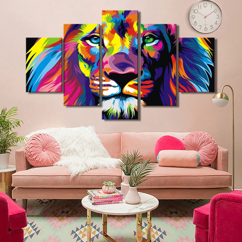 🔥 Lion  Wall Decor 5 Panels Abstract Watercolor - SallyHomey Life's Beautiful