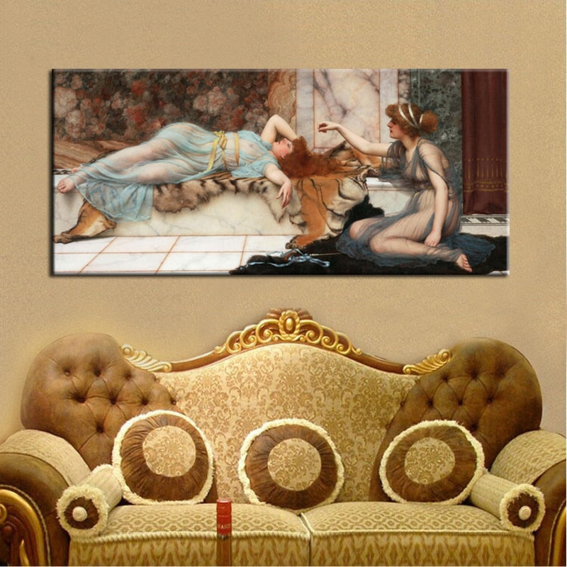 Posters and Prints Wall Art Canvas Painting Mischief and Repose by John William Waterhouse Wall Pictures for Living Room Decor - SallyHomey Life's Beautiful