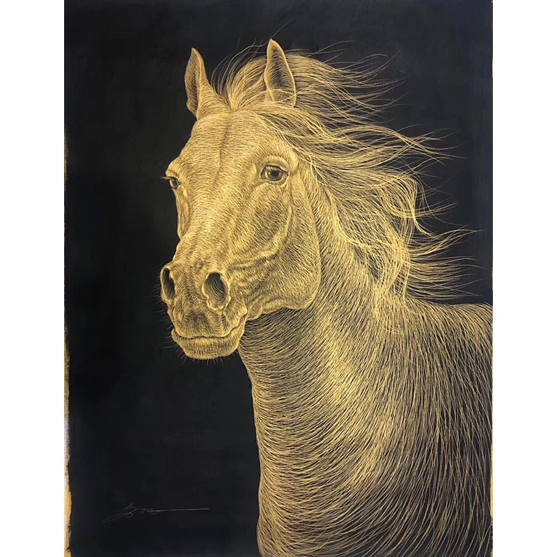 100% Hand Painted Golden Thread Horsehead Painting On Canvas Wall Art Frameless Picture Decoration For Live Room Home Decor Gift