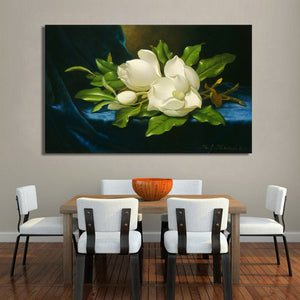 Martin Johnson Heade Giant Magnolias on a Blue Velvet Cloth Posters Print on Canvas Wall Art Decorative Pictures for Living Room - SallyHomey Life's Beautiful