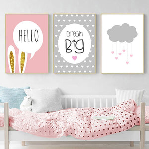 Baby Girl Nursery Wall Art Canvas Poster Print Pink Cartoon Rabbit Balloon Painting Nordic Decoration Picture Kids Bedroom Decor - SallyHomey Life's Beautiful