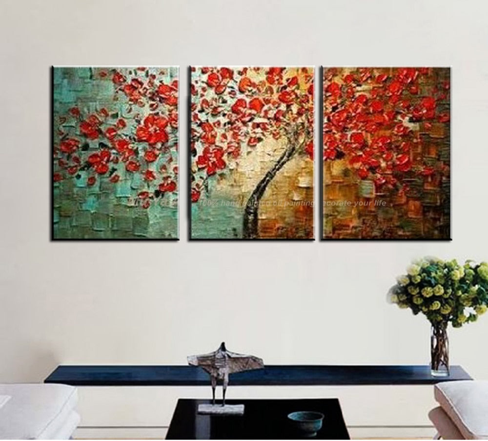 Hand painted canvas painting oil acrylic painting modern abstract art red life tree palette knife painting for living room - SallyHomey Life's Beautiful
