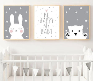 Baby Nursery Wall Art Canvas Poster Print Cartoon Rabbit Bear Painting Nordic Kids Decoration Picture Children Bedroom Decor - SallyHomey Life's Beautiful